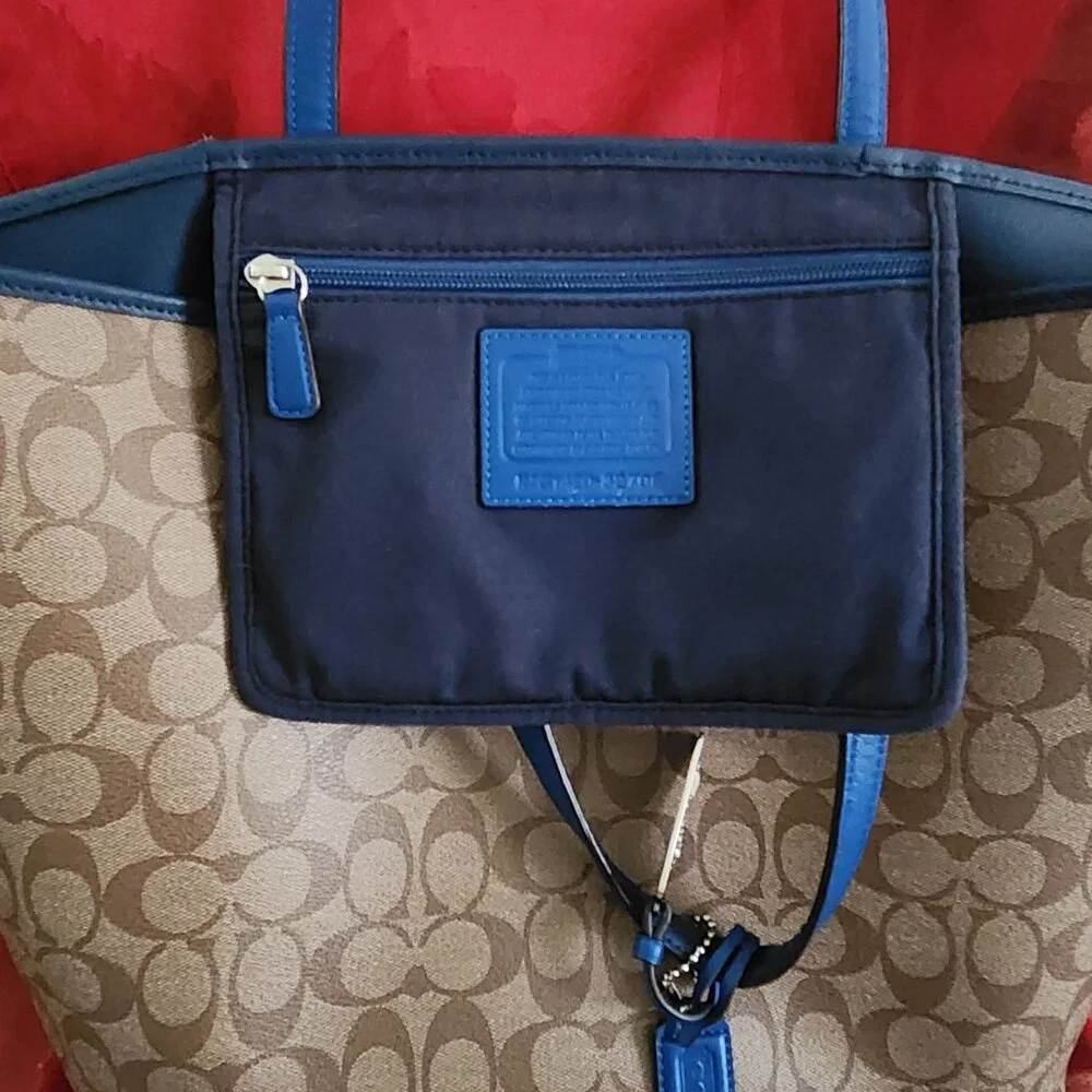 Coach Tan Signature Canvas Tote with Blue Trim - Picture 9 of 11